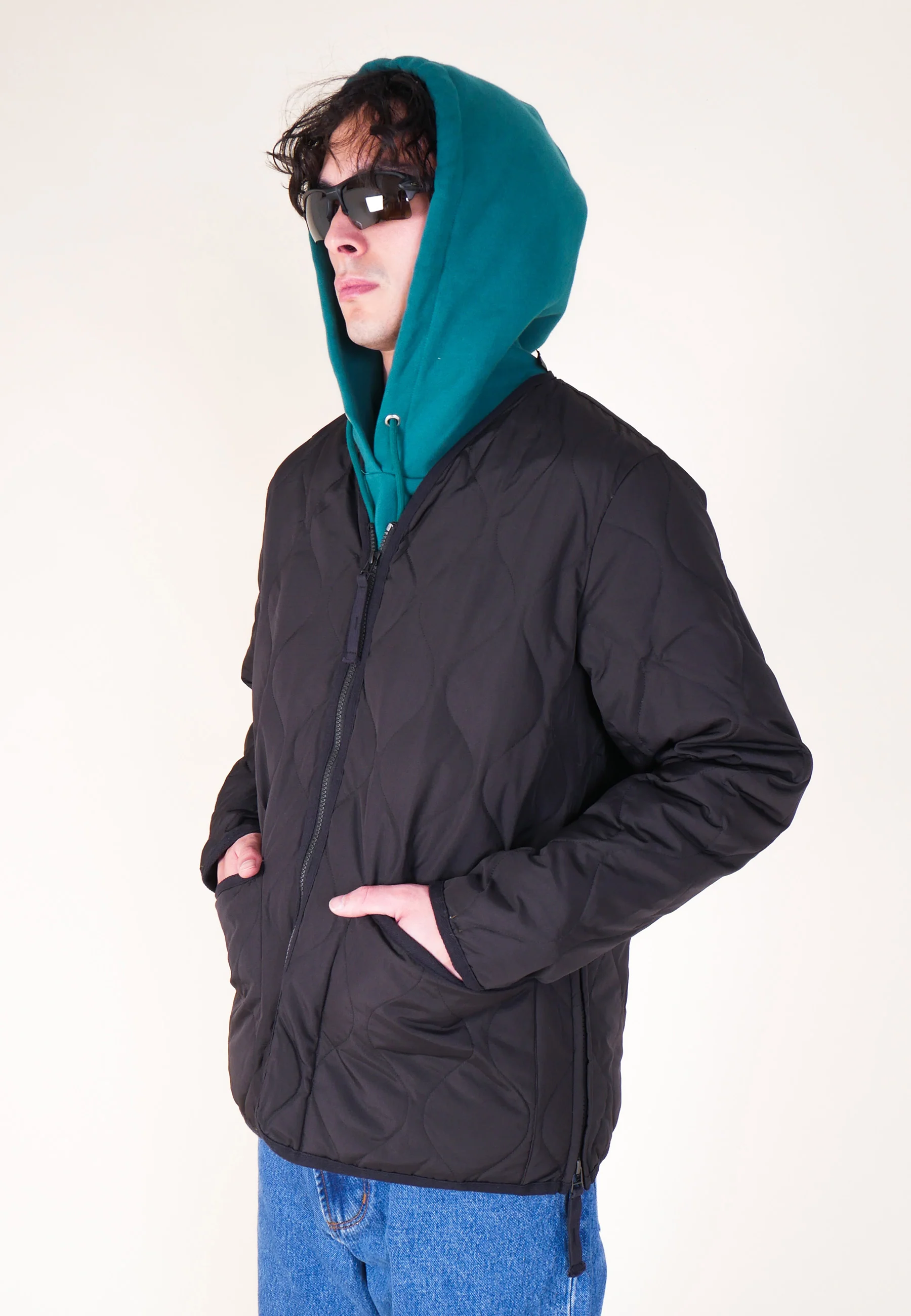 Military Zip V Neck Down Jacket - Black - Image 13