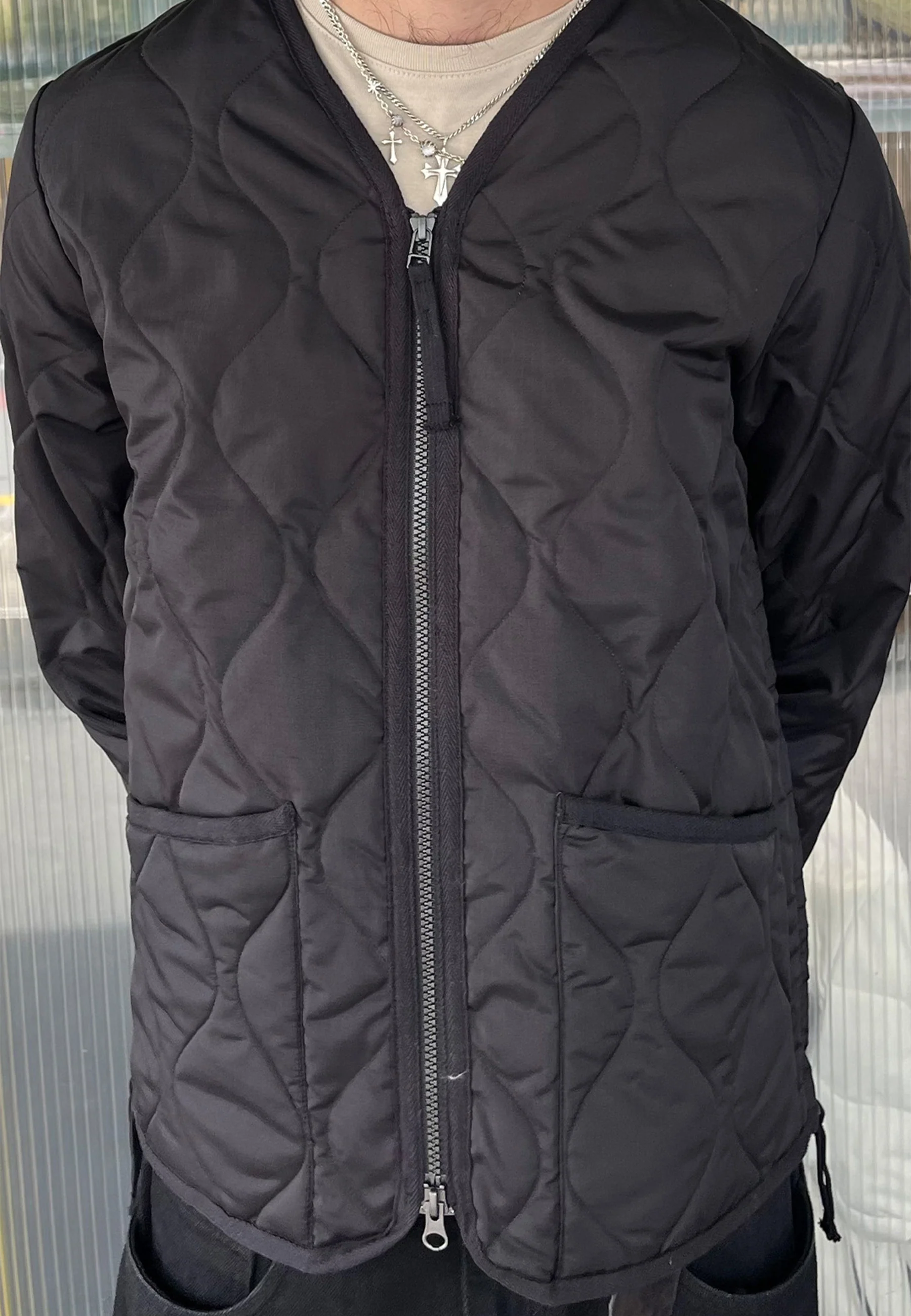 Military Zip V Neck Down Jacket - Black - Image 3